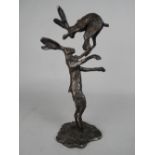 PAUL JENKINS (B.1949), Fighting Hares, a bronze sculpture, incised marks, approximate height 27.5cm