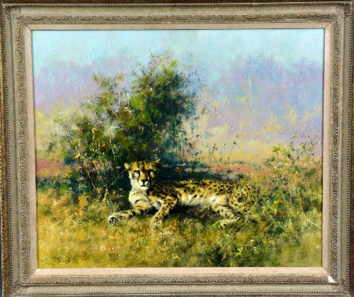 TONY FORREST (BRITISH, CONTEMPORARY), Cheetah resting in the shade of a bush, oil on canvas,