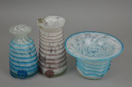 A GROUP OF MDINA, to include some white mottled pattern vases with applied ribbon trails (7)