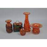 TWO ORANGE MDINA 'HELTER SKELTER' VASES, together with two blue ribbon trail vases and an orange