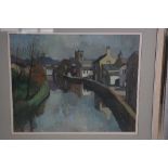 TOM DURKIN (BRITISH 1928-1990), View of church and houses from the river, oil on board, signed lower