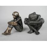 TWO CONTEMPORARY BRONZE FEMALE FIGURES, one seated with arms wrapped around her knees, height