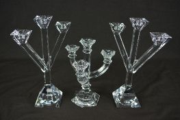 A PAIR OF VILLEROY AND BOCH CRYSTAL THREE BRANCH CANDELABRA FROM THE PISA RANGE, approximately