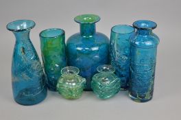 A GROUP OF MDINA GLASS VASES, to include three textured examples and a carafe with an impressed seal