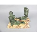 A PAIR OF ART DECO STYLE BRONZE FIGURES, of a Faun and a female nude, both seated on rectangular
