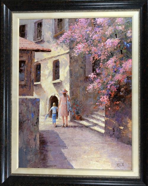 BRIAN JULL (BRITISH B.1949), Mother and Child walking through a continental side street, oil on