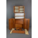 BEAVER & TAPLEY TEAK WALL ASSEMBLY UNITS, comprising a double door cupboard, fall front cupboard,