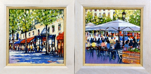 KEN DEVINE (BRITISH B.1952), 'French Scene 5' and 'French Scene 6', a pair of oils on board,