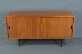 HILLE INTERPLAN TEAK SIDEBOARD BY ROBIN DAY, with double sliding doors, revealing various adjustable