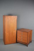 A SMALL TEAK CHEST OF FOUR DRAWERS, with campaign handles and a similar single door wardrobe,