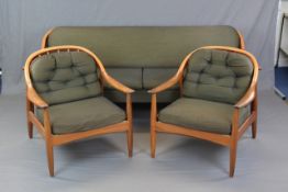 GREAVES & THOMAS 1960'S TEAK FRAMED THREE PIECE LOUNGE SUITE, comprising a sofa bed and a pair of