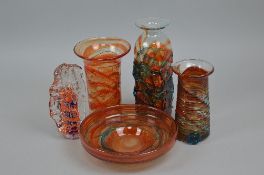 A GROUP OF ORANGE MDINA GLASS, to include two blue ribbon trail vases, one with an impressed seal, a