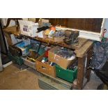 A HEAVY DUTY WORK BENCH, with a small vice and a Record No 3 Rotary vice (3)