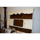 A PAINTED OAK BARLEY TWIST PLATE RACK, with two doors either side of shelves and a carved mahogany
