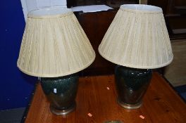 A PAIR OF GLAZED LAURA ASHLEY TABLE LAMPS, with shades (sd)