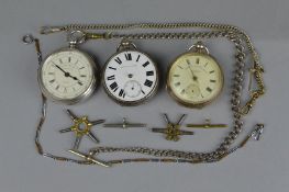 THREE HALLMARKED SILVER POCKET WATCHES, with chains and keys