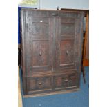 A PERIOD AND LATER OAK CUPBOARD, with two long drawers over two small doors