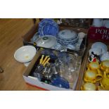 TWO BOXES OF CERAMICS AND GLASSWARE, cutlery, handkerchiefs, etc (two boxes and loose)