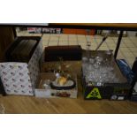 A BOX OF GLASSWARE, including drinking glasses, a box of shells, two boxes of Lp's, boxed set of