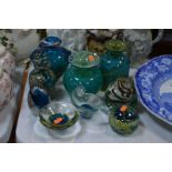 A MIXED LOT OF MDINA STUDIO GLASS, to include a blue pulled lobe vase, two perfume bottles (one with