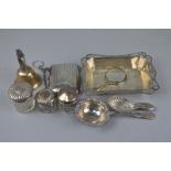 A GROUP LOT OF MIXED SILVER, including silver dish, Birmingham 1938, bell, caddies etc (9)