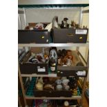 FIVE BOXES AND LOOSE CERAMICS, GLASS, etc, to include Bretby, apothecary bottles etc