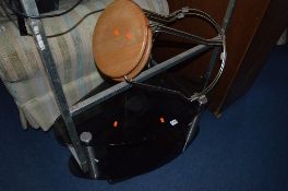 TWO CHROME AND BEECH BAR STOOLS and a black glass TV stand (3)