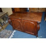 A VICTORIAN MAHOGANY TWO DOOR CUPBOARD, with a single internal drawer, approximate size width 119.