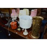 EIGHT VARIOUS TABLE LAMPS, a brass umbrella stand, an earthenware vase, an Oriental ornamental plant