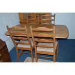 AN ERCOL ELM REFECTORY TABLE, approximate size width 152cm x depth 84cm x height 72.5cm and four