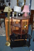 A MODERN GLAZED TWO DOOR BOOKCASE, hall stand, brass standard lamp and four table lamps (sd) and a