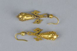 A PAIR OF VICTORIAN EAR PENDANTS, tapered pippin drops, decorated with applied bead and twist wire