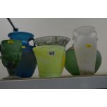 SIX PIECES OF COLOURED GLASSWARE, including reproduction Roman style items and a conical yellow