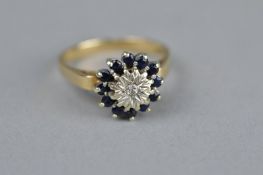 A DIAMOND AND SAPPHIRE 9CT GOLD CIRCULAR CLUSTER RING, the centre illusion set round brilliant cut