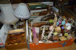 A PARQUETRY WORK BOX, various table lamps, box of sundries including metalwares, box of assorted