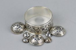 THREE LARGE NIELLO RUSSIAN SILVER BUTTONS, four Niello silver small buttons and a Niello Russian