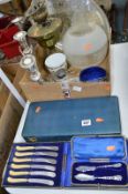 A MIXED LOT OF PLATED WARE, oil lamp and glass shade, etc