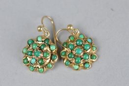 A PAIR OF VICTORIAN TURQUOISE CLUSTER 9CT GOLD DROP EARRINGS, the three tier cluster comprising
