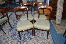 A SET OF FOUR VICTORIAN MAHOGANY DINING CHAIRS, with modern upholstery to seats (4)