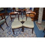 A SET OF FOUR VICTORIAN MAHOGANY DINING CHAIRS, with modern upholstery to seats (4)