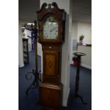 A GEORGE III OAK AND MAHOGANY INLAID LONGCASE CLOCK, 30 hour movement, Roman numerals, arched top