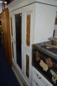 A PAINTED EDWARDIAN WARDROBE, oak wardrobe, oak tallboy and two various oak dressing chest/table