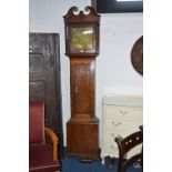 A LATE 18TH CENTURY OAK AND MAHOGANY BANDED LONGCASE CLOCK, broken swan neck pediment with brass