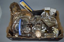 A BOX OF MIXED PLATED WARE