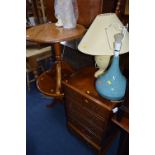 TWO VARIOUS TRIPOD TABLES, a yew wood hi-fi cabinet and four various table lamps (7)