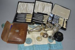 A MIXED LOT, to include Masonic apron, cutlery, two distressed silver vases