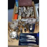 TWO BOXES OF MIXED PLATED WARE, etc