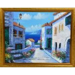 AN ORIGINAL OIL PAINTING OF A CONTINENTAL VILLAGE WITH A SEAVIEW, indistinctly signed, framed,