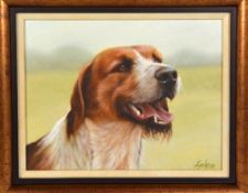 JOHN SILVER, an original oil painting on canvas of a dog, signed and dated in pen, framed, 43cm x