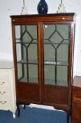 AN EDWARDIAN MAHOGANY AND INLAID ASTRAGAL GLAZED TWO DOOR DISPLAY CABINET, approximate size width